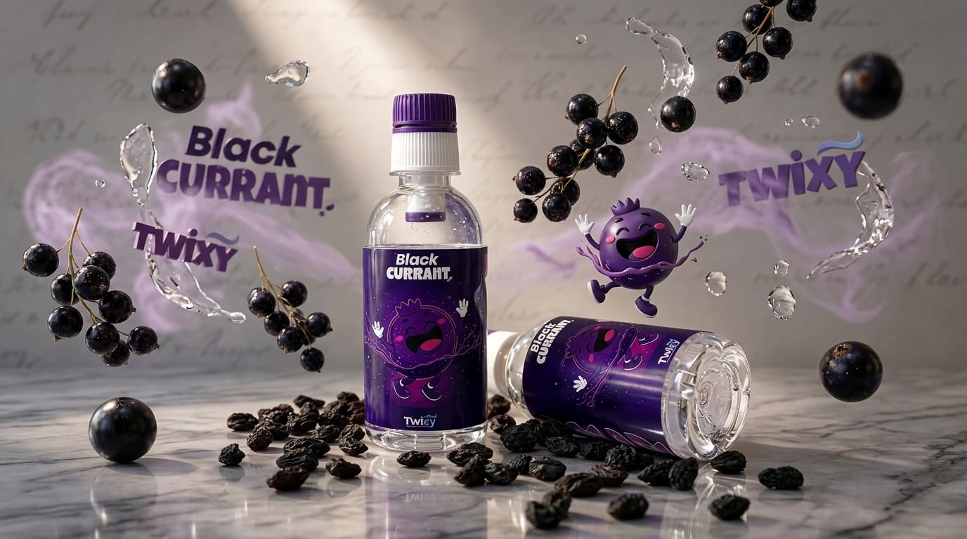 Twixy Black Currant bottles with fresh currants